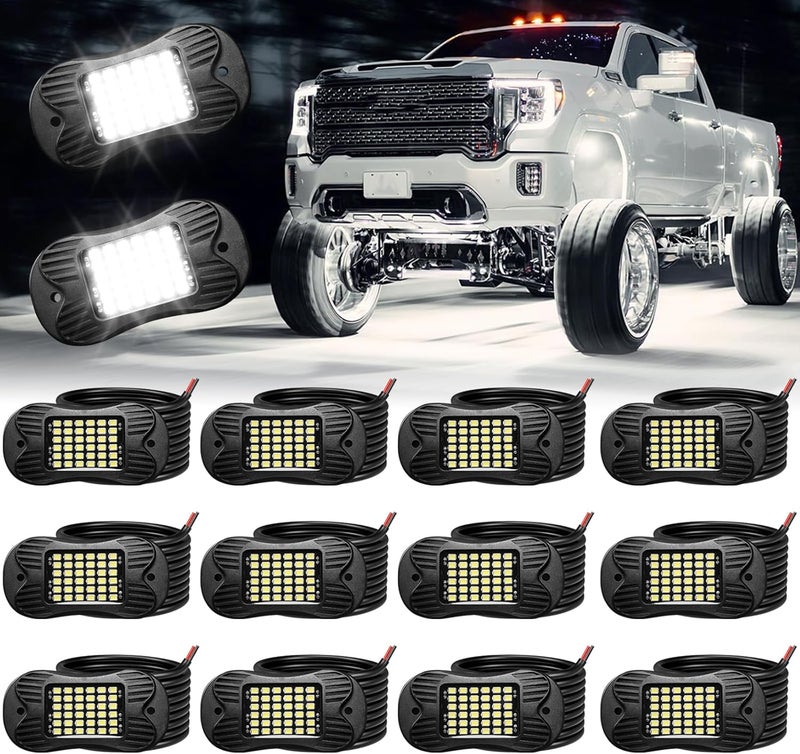 SHINIGHT 12 Pods White Rock Lights 6000K Pure White Super Bright Underglow Light,10FT/3M Extension Wires Each Light,36 LED SMD Chips,Waterproof IP68,Rock Lights for Trucks UTV ATV SUV Boats - Image 1